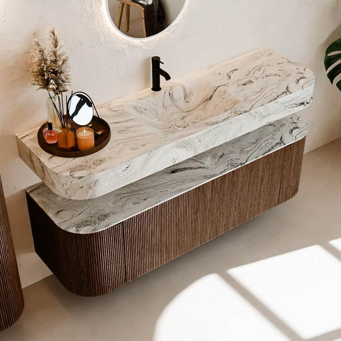MONDIAZ THOR-DLUX 150cm badmeubel ronding links + rechts kleur Walnut met 1 lade en 2 deuren. Vrijhangende wastafel CLOUD Midden 1 kraangat kleur Glace. SW1464634