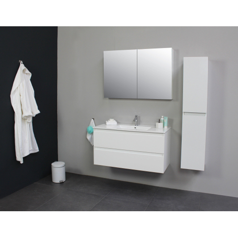 Basic Bella Meuble avec lavabo en porcelaine 1 trou de robinet 100x55x46cm avec armoire toilette à 2 portes gris Blanc brillant SW398077