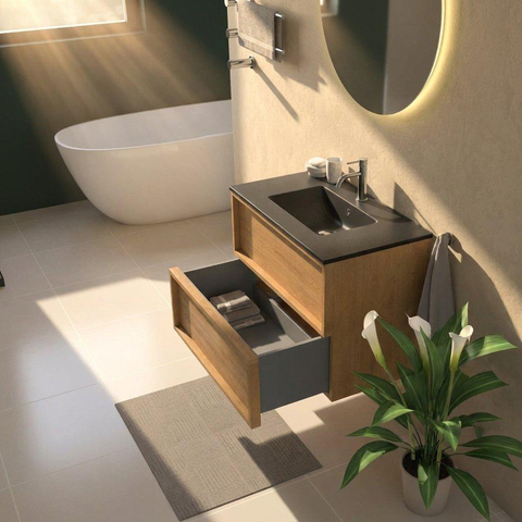Saniclass Holz Frame Ensemble meuble de salle de bains - 80x45x62cm - Vygo lavabo en céramique noir - 1 vasque - 1 trou de robinet - 2 tiroirs - chêne natural mat (bois) SW1580007