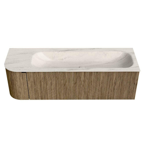 MONDIAZ KURVE-DLUX Meuble de salle de bains 145cm arrondi à gauche couleur Dusk avec 1 tiroir et 1 porte. Lavabo BIG LARGE à droite sans trou de robinet Meli. SW1431912