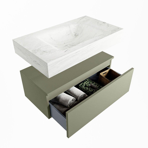 Mondiaz ALAN-DLUX Ensemble de meuble - 80cm - meuble Army mat - 1 tiroir - Lavabo Cloud Opalo suspendu - vasque Centre - 1 trou de robinet SW806919
