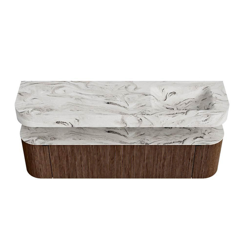 MONDIAZ THOR-DLUX 170cm meuble de salle de bains arrondi gauche + droite couleur Walnut avec 1 tiroir et 2 portes. Vasque suspendue CLOUD Droite 1 trou de robinet couleur Glace. SW1465585