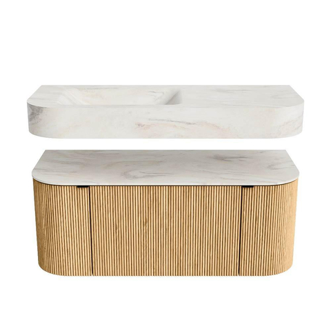 MONDIAZ THOR-DLUX 110cm badmeubel ronding links + rechts kleur Oak met 1 lade en 2 deuren. Vrijhangende wastafel CLOUD Links 1 kraangat kleur Ostra. SW1462760