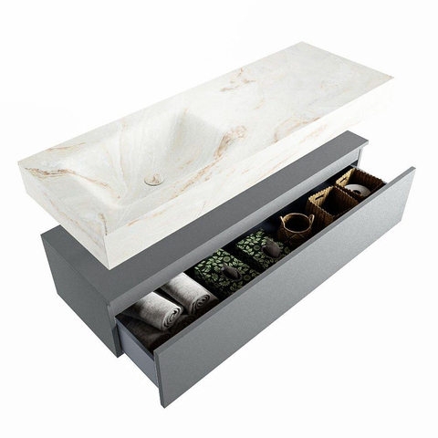 Mondiaz ALAN-DLUX Ensemble de meuble - 130cm - meuble Plata mat - 1 tiroir - Lavabo Cloud Frappe suspendu - vasque Gauche - 0 trous de robinet SW804735