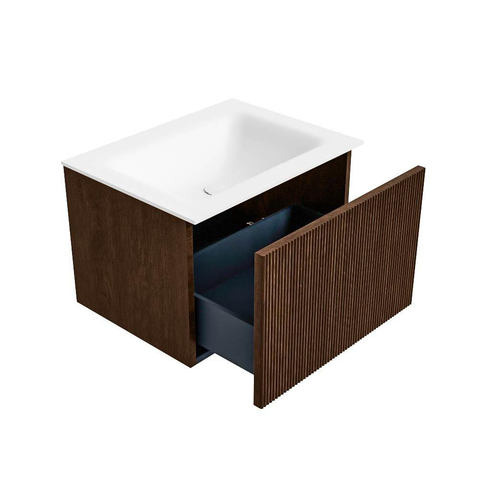 MONDIAZ KURVE 60cm badmeubel kleur Walnut met 1 lade. Wastafel CLOUD midden zonder kraangat Talc. SW1138259