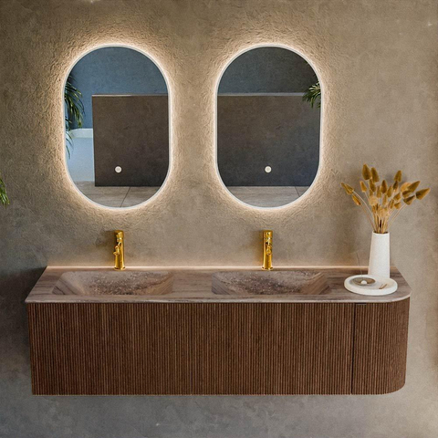 MONDIAZ KURVE-DLUX 155cm badmeubel ronding Rechts kleur Walnut met 2 lades en 1 deur. Wastafel LEAF Dubbel / Links 2 kraangaten Oza. SW1432485