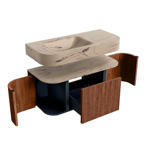 MONDIAZ THOR-DLUX 100cm meuble de salle de bains arrondi gauche + droite couleur Ruby avec 1 tiroir et 2 portes. Vasque suspendue CLOUD Gauche 1 trou de robinet couleur Arena. SW1467460