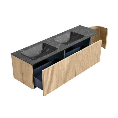 MONDIAZ KURVE-DLUX meuble de salle de bains 155cm avec module 25 R couleur Chêne avec 2 tiroirs et 1 porte. Lavabo LEAF double / gauche sans trou de robinet couleur Lava. SW1137213