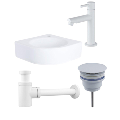 QeramiQ Fuente hoekfonteinset – 30x30x10 cm – kraangat rechts – mat witte kraan – zonder frame SW1419189