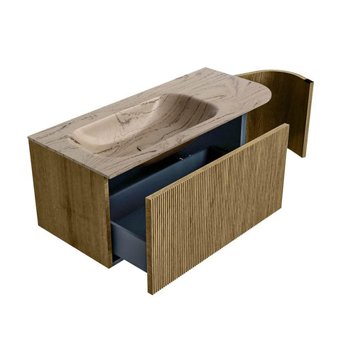 MONDIAZ KURVE-DLUX Meuble de salle de bains 105cm arrondi à droite couleur Dusk avec 1 tiroir et 1 porte. Lavabo BIG SMALL à gauche sans trou de robinet Arena. SW1431361