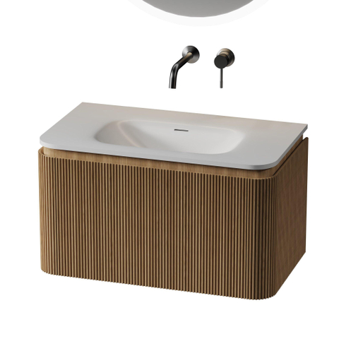 Royal Plaza Terra Edge Ensemble meuble de salle de bains - 80x44.7x46cm - vasque en solid surface blanc mat - 1 vasque - sans trou de robinet - 2 tiroirs - sandwood (chêne clair) SW1471910