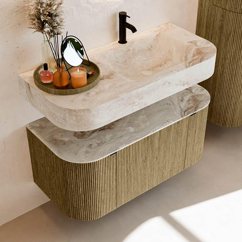 MONDIAZ THOR-DLUX 100cm meuble de salle de bains arrondi gauche + droite couleur Dusk avec 1 tiroir et 2 portes. Vasque suspendue CLOUD droite 1 trou de robinet couleur Frappe. SW1467392