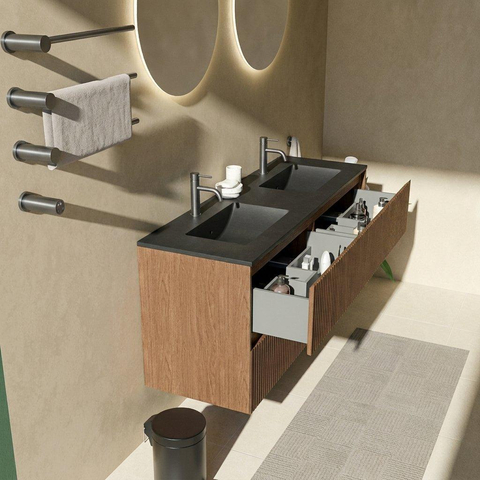 Saniclass Holz Atelier Badkamermeubelset - 140x45x62cm - Vygo keramische wastafel zwart - 2 wasbakken - 2 kraangaten - 4 lades - mat walnut pure (hout) SW1479010