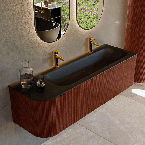 Mondiaz KURVE Ensemble de meuble de salle de bains - 145x46x40cm - 1 tiroir - 1 porte - lavabo solid surface - droit - 2 trous de robinet - Ruby SW1415357