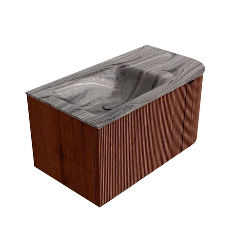 MONDIAZ KURVE-DLUX Meuble de salle de bains 85cm arrondi à droite couleur Ruby avec 1 tiroir et 1 porte. Lavabo CLOUD gauche sans trou de robinet Sombra. SW1433922