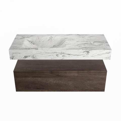 Mondiaz ALAN-DLUX Ensemble de meuble de salle de bains - 150x46cm - 1 tiroir - lavabo suspendu - sans trous de robinet - 1 à gauche - Dark brown (chêne foncé) SW1408662