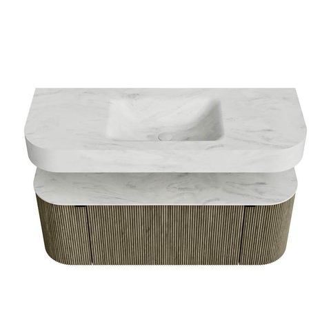 MONDIAZ THOR-DLUX 120cm meuble de salle de bains arrondi gauche + droite couleur Shadow avec 1 tiroir et 2 portes. Vasque suspendue CLOUD Milieu 1 trou de robinet couleur Opalo. SW1463161