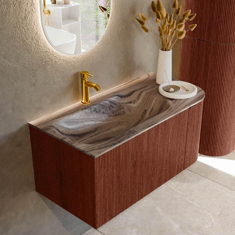 MONDIAZ KURVE-DLUX Meuble de salle de bains 95cm arrondi à droite couleur Ruby avec 1 tiroir et 1 porte. Vasque BIG SMALL gauche 1 trou de robinet Sombra. SW1433937