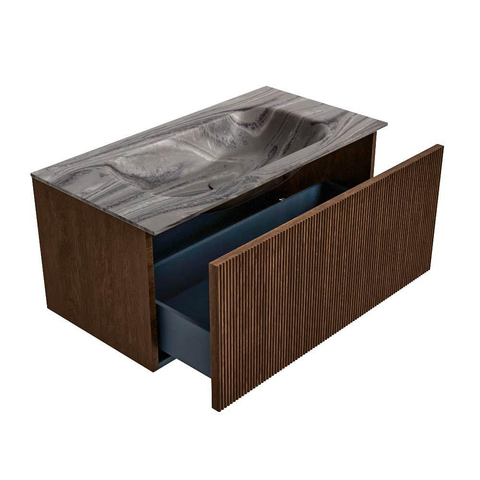 MONDIAZ KURVE-DLUX Meuble de salle de bains 90cm couleur Walnut avec 1 tiroir et 0 porte. Lavabo BIG SMALL Central sans trou de robinet Sombra. SW1433652