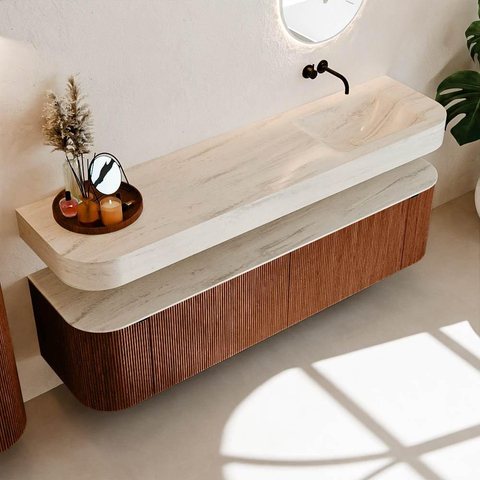 MONDIAZ THOR-DLUX Meuble de salle de bains - 180cm - arrondi gauche + droite - couleur Ruby - 2 tiroirs - 2 portes - Vasque suspendue CLOUD Droite sans trou de robinet - couleur Meli SW1466166