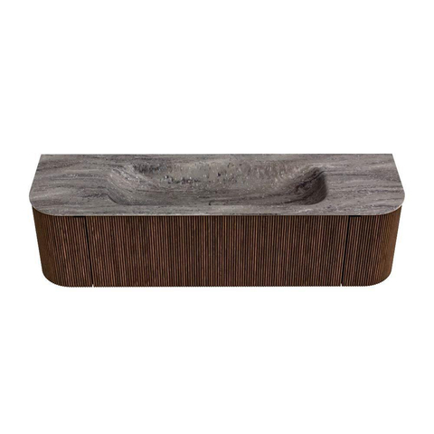 MONDIAZ KURVE-DLUX Meuble de salle de bains 160cm arrondi à gauche + à droite couleur Walnut avec 1 tiroir et 2 portes. Plan-vasque BIG MEDIUM central sans trou de robinet Oza. SW1432444
