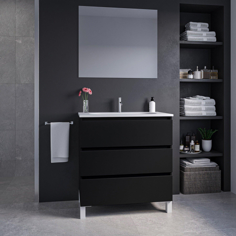Saniclass Chaci PLUS Meuble de salle de bain - 80x86x46cm - lavabo en céramique blanc - 1 vasque ovale - 1 trou de robinet - 3 tiroirs - miroir rectangulaire - noir mat SW926052