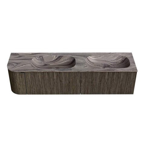 MONDIAZ KURVE-DLUX Meuble de salle de bains 175cm arrondi à gauche couleur Shadow avec 2 tiroirs et 1 porte. Lavabo STOR SMALL Double / Droite sans trou de robinet Sombra. SW1433812