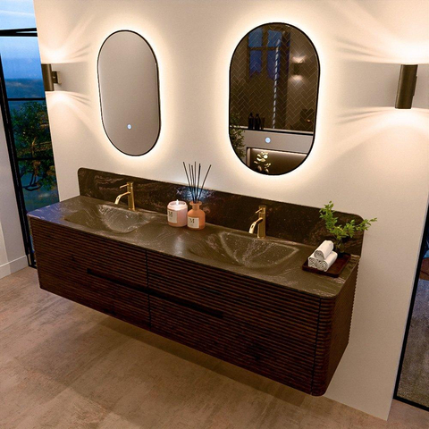 Mondiaz CIRO-DLUX Badkamermeubelset - 190x45x50cm - Solid surface wastafel Lava - 2 wasbak Dubbel - 2 kraangaten - 4 lades - Walnut SW1530189