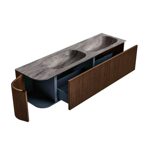 MONDIAZ KURVE-DLUX Meuble de salle de bains 165cm arrondi à gauche couleur Walnut avec 2 tiroirs et 1 porte. Lavabo STOR SMALL Double / Droite sans trou de robinet Oza. SW1432505