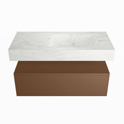Mondiaz ALAN-DLUX Ensemble de meuble - 100cm - meuble Rust mat - 1 tiroir - Lavabo Cloud Opalo suspendu - vasque Droite - 1 trou de robinet SW806708