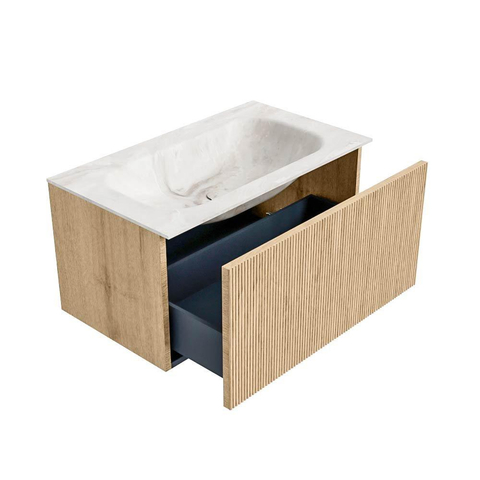 MONDIAZ KURVE-DLUX Meuble de salle de bains 80 cm couleur Oak avec 1 tiroir. Vasque BIG SMALL centrale sans trou de robinet couleur Frappe. SW1137327