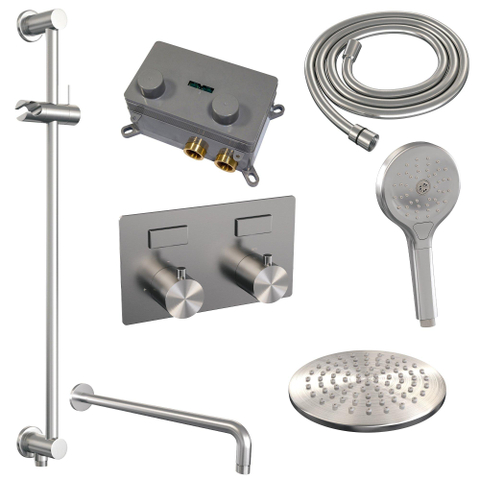 BRAUER Brushed Edition Thermostatische Regendouche inbouw - drukknoppen - SET 69 - 20cm hoofddouche - gebogen muurarm - 3 standen handdouche - doucheslang - geïntegreerde glijstang - RVS geborsteld PVD SW925494