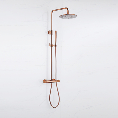Fortifura Calvi Regendoucheset - thermostatisch - 25cm - hoofddouche - metalen slang - staaf handdouche - PVD - geborsteld koper SW1204400