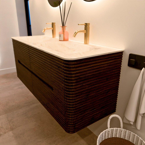 Mondiaz CIRO-DLUX Badkamermeubelset - 130x45x50cm - Solid surface wastafel Ostra - 2 wasbak Dubbel - 2 kraangaten - 4 lades - Walnut SW1530359