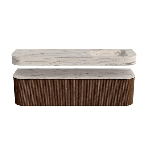 MONDIAZ THOR-DLUX 170cm badmeubel ronding links + rechts kleur Walnut met 1 lade en 2 deuren. Vrijhangende wastafel CLOUD Rechts 1 kraangat kleur Nata. SW1465652
