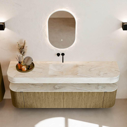 MONDIAZ THOR-DLUX 190cm meuble de salle de bains arrondi gauche + droite couleur Dusk avec 2 tiroirs et 2 portes. Vasque suspendue CLOUD Milieu sans trou de robinet couleur Ostra. SW1466472
