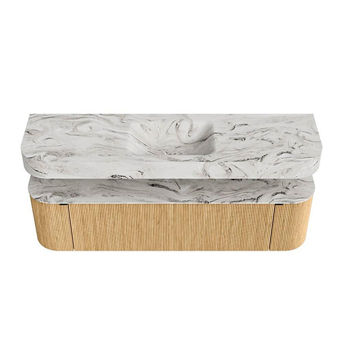 MONDIAZ THOR-DLUX Meuble de salle de bains 170cm arrondi gauche + droite couleur Oak avec 1 tiroir et 2 portes. Vasque suspendue CLOUD Milieu 1 trou de robinet couleur Glace. SW1465425