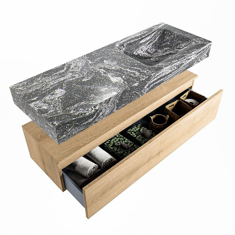 MONDIAZ ALAN - DLUX Badkamermeubelset - 130cm - onderkast - Washed Oak - 1 lade - vrijhangende wastafel - wasbak rechts - 0 kraangaten - Lava SW808741