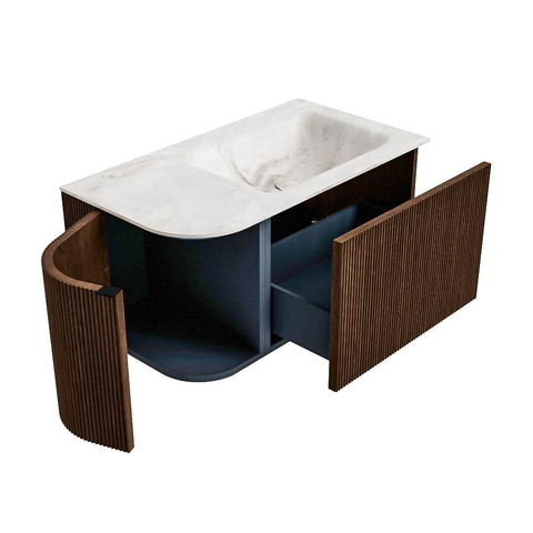MONDIAZ KURVE-DLUX Meuble de salle de bains 85 cm avec module 25 L couleur Walnut avec 1 tiroir et 1 porte. Lavabo CLOUD droit 1 trou de robinet couleur Frappe. SW1137456