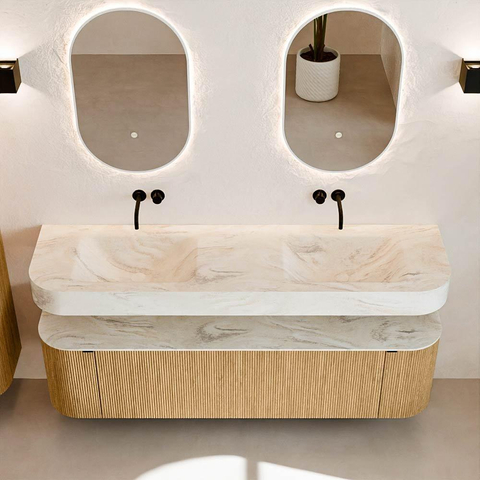 MONDIAZ THOR-DLUX 170cm badmeubel ronding links + rechts kleur Oak met 1 lade en 2 deuren. Vrijhangende wastafel CLOUD Dubbel zonder kraangat kleur Ostra. SW1465552