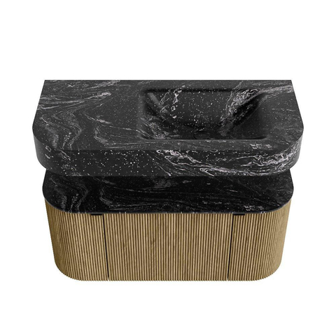 MONDIAZ THOR-DLUX 100cm meuble de salle de bains arrondi gauche + droite couleur Dusk avec 1 tiroir et 2 portes. Vasque suspendue CLOUD Droite sans trou de robinet couleur Lava. SW1467344