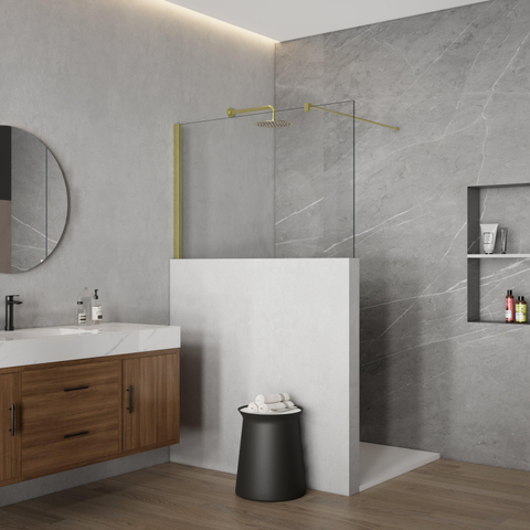 Fortifura Galeria Douche à l'italienne mi-haute - 120x80cm - verre clair - 8mm - nano - avec profil et barre de renfort - Laiton brossé PVD (Or) SW1248387