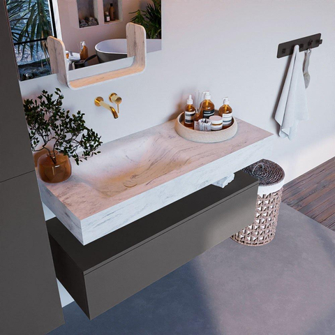 Mondiaz ALAN-DLUX Ensemble de meuble - 110cm - meuble Dark grey mat - 1 tiroir - Lavabo Cloud Opalo suspendu - vasque Gauche - 0 trous de robinet SW806423