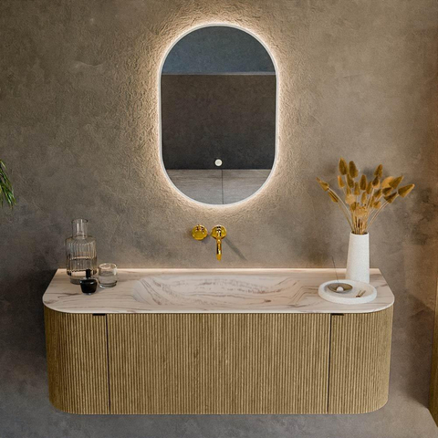 MONDIAZ KURVE-DLUX 130cm badmeubel ronding Links + Rechts kleur Dusk met 1 lade en 2 deuren. Wastafel BIG SMALL Midden zonder kraangat Nata. SW1432366