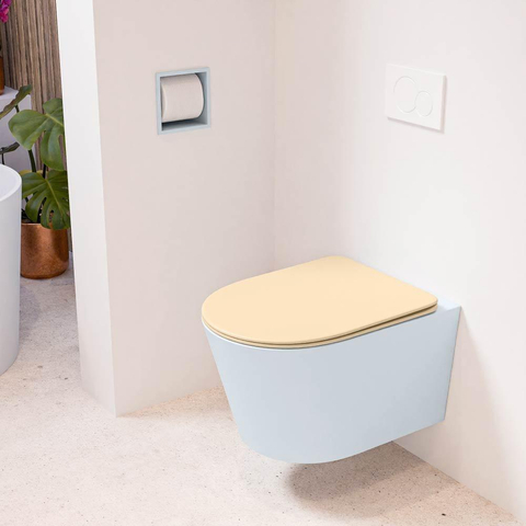 Mondiaz LAVIE hangtoilet – spoelrandloos – 36 x 53 cm – met softclose zitting – Clay (lichtblauw/grijs), zitting Sand (beige) SW1208767