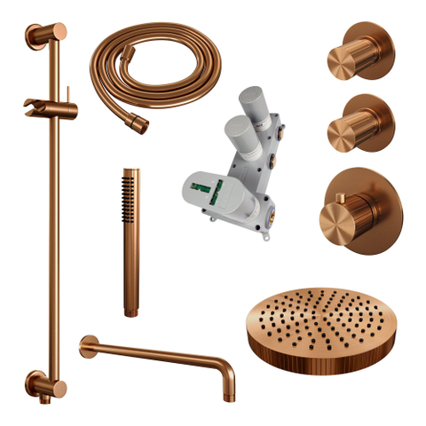 BRAUER Stripe Thermostatische Inbouw Regendouche - SET 08 - 25cm douchekop - gebogen muurarm - staaf handdouche - doucheslang - geïntegreerde glijstang - koper geborsteld PVD SW1434919