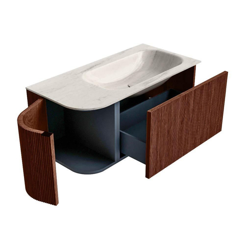 MONDIAZ KURVE-DLUX Meuble de salle de bains 95cm arrondi à gauche couleur Ruby avec 1 tiroir et 1 porte. Plan-vasque BIG SMALL à droite sans trou de robinet Meli. SW1432046