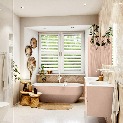 MONDIAZ VICA Ensemble meuble de salle de bains - 150cm - meuble sous-vasque rosee - 2 tiroirs - lavabo moon double - 2 trous de robinet - version haute 60cm - talc SW1080362