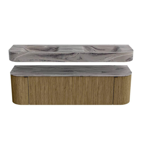 MONDIAZ THOR-DLUX 160cm meuble de salle de bains arrondi gauche + droite couleur Dusk avec 1 tiroir et 2 portes. Vasque suspendue CLOUD Double 2 trous de robinet couleur Sombra. SW1465382