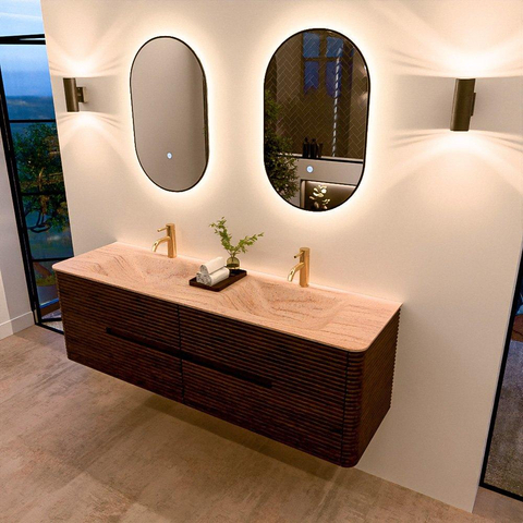 Mondiaz CIRO-DLUX Badkamermeubelset - 160x45x50cm - Solid surface wastafel Saba - 2 wasbak Dubbel - 2 kraangaten - 4 lades - Walnut SW1530701